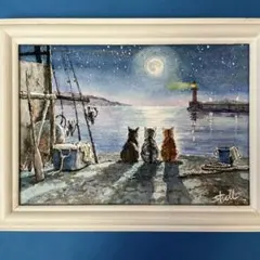 水彩画　海育ちの猫達　月夜の港と３匹の猫　絵画　原画