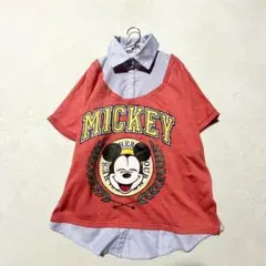 【ディズニー】ビッグロゴTシャツ ミッキー 重ね着風 フェイクレイヤード M