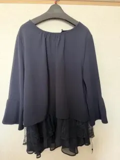 ネイビー フリル付きトップスとワイドパンツセット 3L