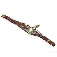 【オススメ】アンティーク 風 エスニック多重レザー ベルトブレス腕時計　 (ブラ