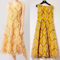 グレースコンチネンタル♡リーフフラワー刺繍ワンピース イエロー