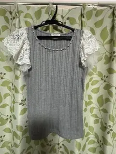 グレー レース袖 カットソー