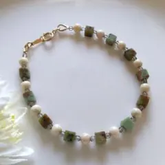 ブラウングリーンジャスパー×リバーストーン他　ブレスレット　14kgf