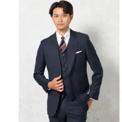 Y6　高級イタリアREDAウール100%ネイビー3ピーススーツ