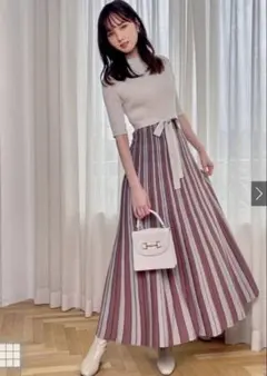 GRL リボンベルト付き配色ストライプリブニットワンピースL