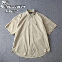 90s ラルフローレン 半袖 シャツ 無地 刺繍 ベージュ ボタンダウン XL