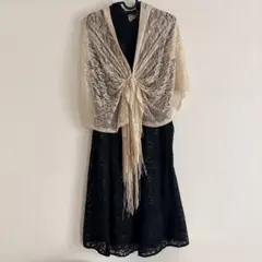 結婚式ドレス レースワンピース ストール付きブラックパーティードレス フォーマル