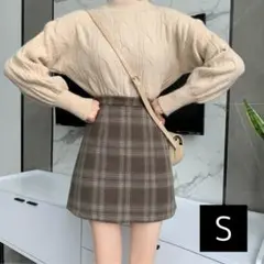 韓国風 ブラウン ツイード素材 Sサイズ 【トレンド】ミニスカート チェック