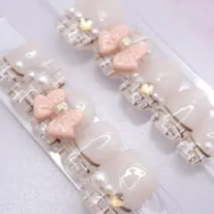 281ネイルチップSサイズ 韓国上品 ツイードフレンチ リボン パール ガーリー