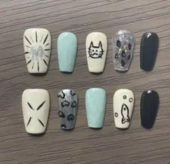 淡色 猫と魚 韓国風 ナチュラル落書きネイルチップ