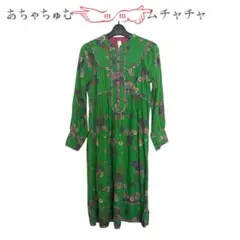 あちゃちゅむ 花柄ワンピース 緑 レトロ 長袖