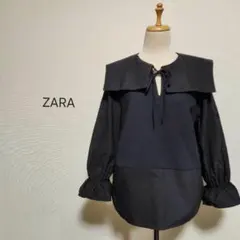 ZARA セーラーカラー 異素材ドッキングプルオーバートップス 黒 海外S