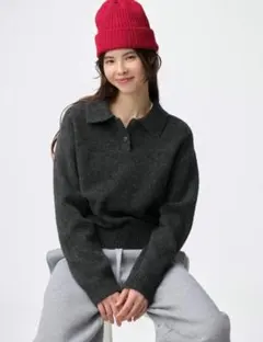 GU パフニットポロシャツ 色　グレー 　M　ニット　ポロ　ジーユー