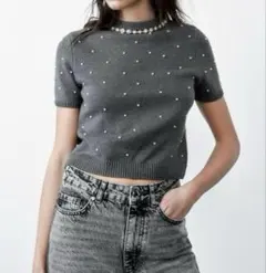 ZARA ラインストーン　フェイクパール　ニットセーター L
