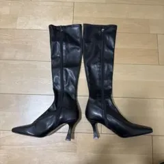 【新品・未使用】ブラックレザー ロングブーツ 24cmのサムネイル