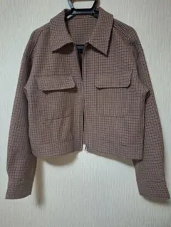 GU 茶色チェック柄 クロップドジャケット　Mサイズ