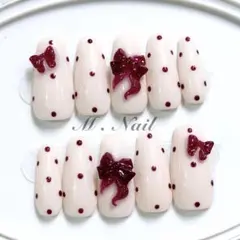 ネイルチップ フレンチガーリー リボン 赤 ドットネイル 量産型 韓国