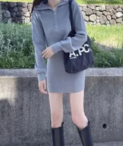 GRL ハーフジップトップス×ワンピースセットアップ グレー L