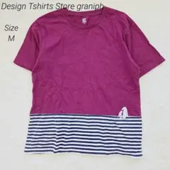 graniph グラニフ ティーシャツ 紫 M かわいい刺繍 動物 ボーダー 綿