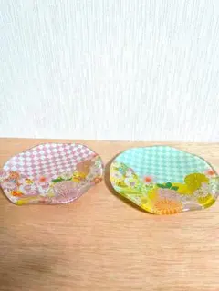 花柄とチェック模様　銘々皿 2枚セット