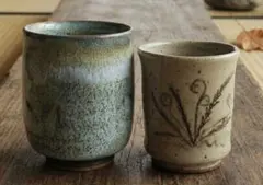 【貴重品】唐津焼　絵唐津　渦巻き陶印湯のみ　唐津焼？斑唐津湯のみ　2個セット