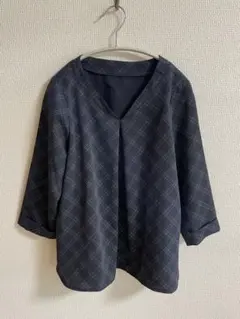 美品　ネイビー チェック柄 長袖ブラウス XXS