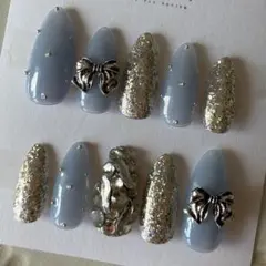 【現品価格】水色　メタリックシルバーリボン　埋め尽くしビジュー　青色　ラメ