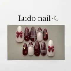 ネイルチップ オーダー　バレンタイン ハートホロ　リボン チェック 赤 ボルドー