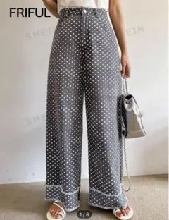 シーイン SHEIN ドット柄 ワイドパンツ デニム グレー M レディース
