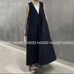 ボリュームフレアVネックロングワンピース★ノースリーブ サロペット ロングベスト