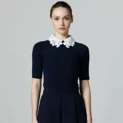 新品　ソブ　Sov. レース襟 半袖ニット　ネイビー　M