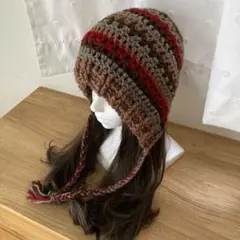 ハンドメイド＊茶系とバーガンディのバラクラバ・ボンネット・ビーニー・ニット帽