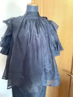 INGNIフリルリボン付き黒シースルーブラウス