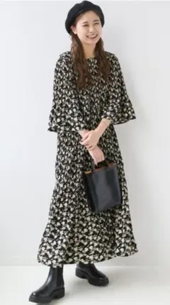 マジョリカプリーツフラワーワンピース ストレッチ 上品 綺麗め