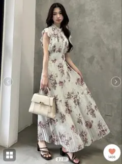【美品】Sustainableプリーツプリントワンピース　ミント　サイズ1