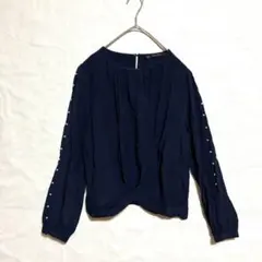 ★ZARA ザラ パール付きブラウス ツイストデザイン 長袖 ネイビー M