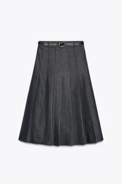 ZARA デニムプリーツミディ丈ベルト付きスカート