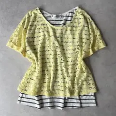 vintage レイヤード カットソー 半袖 ボーダー 花柄レース ナチュラル