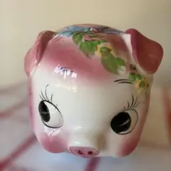 豚ちゃん　貯金箱　昭和レトロ　ピンク　陶器のサムネイル