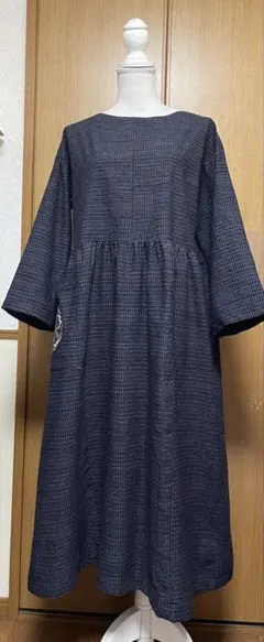 着物リメイク　絣(木綿)のウエストギャザーワンピース 着物リメイク 絣(木綿)のウエストギャザーワンピース 半袖に変更可能