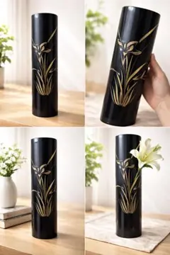 アンティーク 蒔絵 花入れ 筒花瓶 黒×金 シック 和モダン 骨董