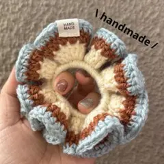 ブラウンブルー·͜·シュシュ‪ ハンドメイド‪ 編み物‪ かぎ針編み 毛糸196