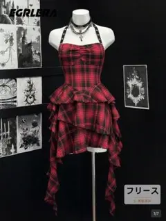 EgrlEra チェック柄 フリル バックレス ホルターネック ドレス