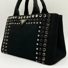 良品 プラダ カナパ S ハンドバッグ 2way ビジュー スタッズ 白タグ 黒