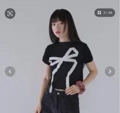 リボン付き 半袖 リブニット ブラック