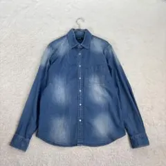コムサイズム【L】紺 デニムシャツ 綿混 ストレッチ スナップボタン カジュアル
