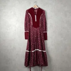 70s 80s USA古着 ワンピース コーデュロイ切替 花柄 vintage