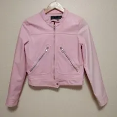 ピンクレザージャケット フェイクレザー ライダース M ショート丈 春アウター