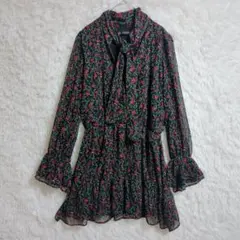 ZARA 花柄 Vネック リボン チュニックワンピ 長袖 M