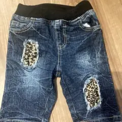 ヒョウ柄パッチ付きデニムハーフパンツ